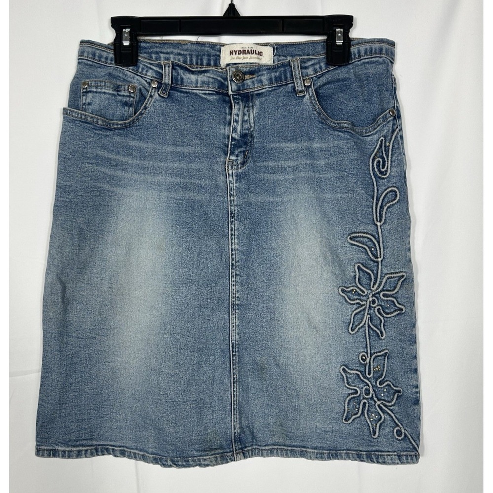 Hydraulic Y2K‎ Denim Floral Embroidered Skirt Size 7/8 Blue Country Retro Rodeo